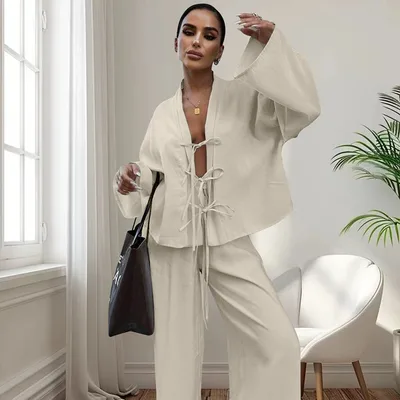 Lace up Top And Trousers Pajamas Women's Loose Homewear Khaki - Shop at LoveMi