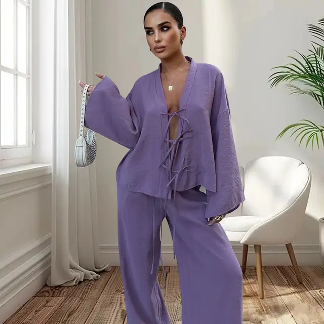 Lace up Top And Trousers Pajamas Women's Loose Homewear Purple - Shop at LoveMi