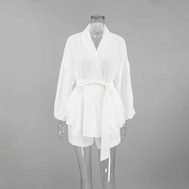 Bubble Wrinkle Cotton Women's Long sleeved Nightgown Shorts Two piece Set White - Shop at LoveMi