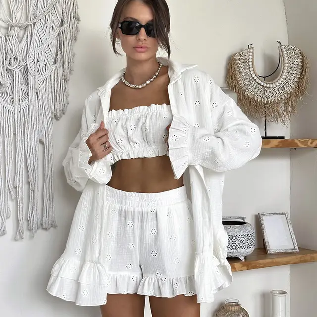 Women's White Cotton Jacquard Pajamas Three piece Set Loose White - Shop at LoveMi