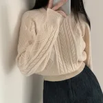 Autumn And Winter French Minority Retro Twist Crew Neck Pullover Sweater - Apricot