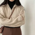 Retro Design Cable-knit Pullover Korean Style Zipper Casual Long Sleeve Pullover Top - Apricot