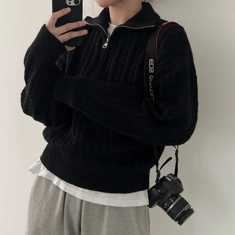 Retro Design Cable knit Pullover Korean Style Zipper Casual Long Sleeve Pullover Top Black - Shop at LoveMi