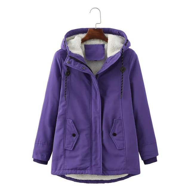European Size Ladies Hooded Lambswool Parka Winter Warm Waist Women's Cotton padded Coat Purple - Shop at LoveMi