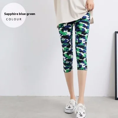 Summer Elastic Thin Slimming Cropped Pants Camouflage Sapphire Blue Green - Shop at LoveMi