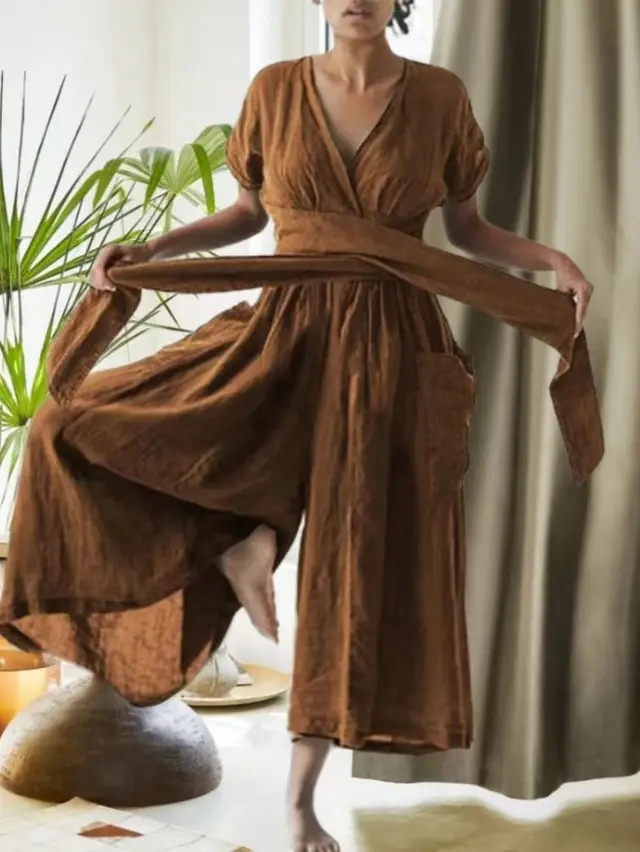 V neck Short Sleeve Solid Color Loose Casual Jumpsuit Brown - Shop at LoveMi