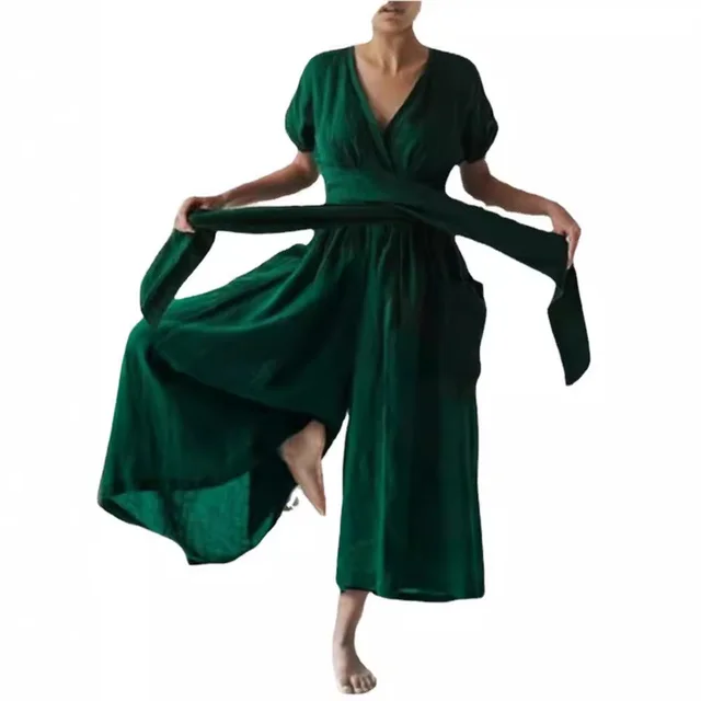 V neck Short Sleeve Solid Color Loose Casual Jumpsuit Green - Shop at LoveMi