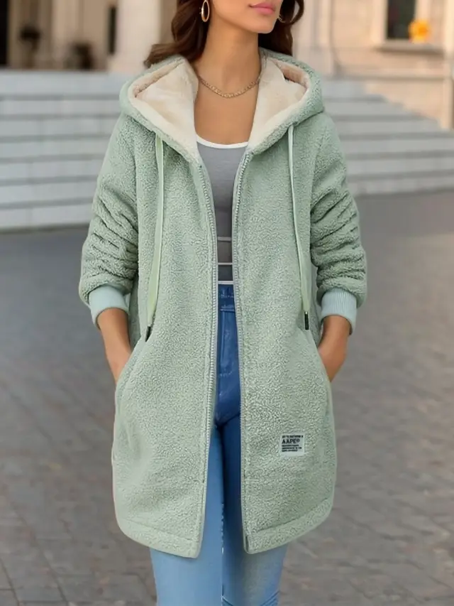 Winter Fleece Hooded Jacket Fashion Casual Zip up Pockets Long Sweatshirt Warm Commuter Women's Clothing Green - Shop at LoveMi