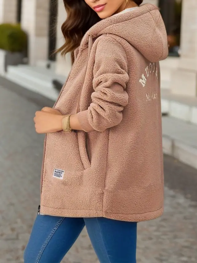 Winter Fleece Hooded Jacket Fashion Casual Zip up Pockets Long Sweatshirt Warm Commuter Women's Clothing Khaki - Shop at LoveMi