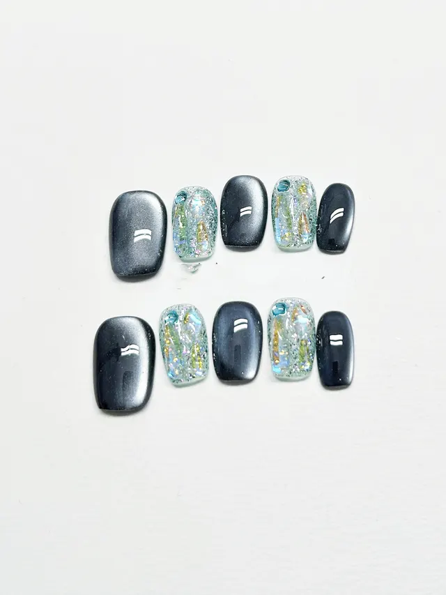 Women's Handmade Custom Dark Blue Cat's Eye Rhinestone White Niche High grade Wear Armor Short Square Flower Green - Shop at LoveMi