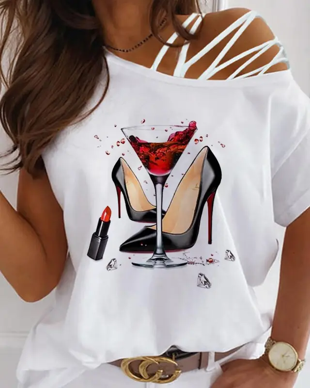Off the shoulder Printed T shirt High Heels - Shop at LoveMi