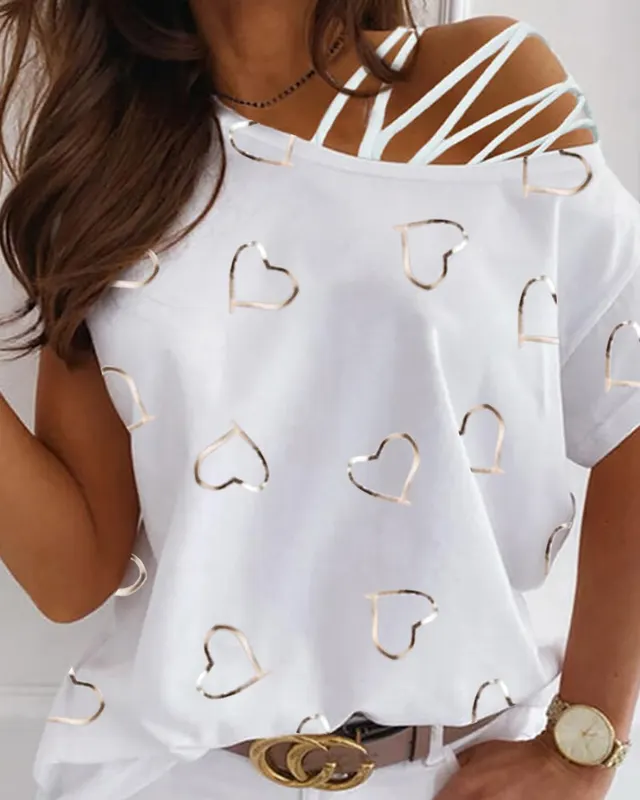 Off the shoulder Printed T shirt White - Shop at LoveMi