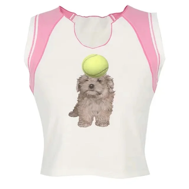 Retro Dog Print Contrast Color Vest White - Shop at LoveMi