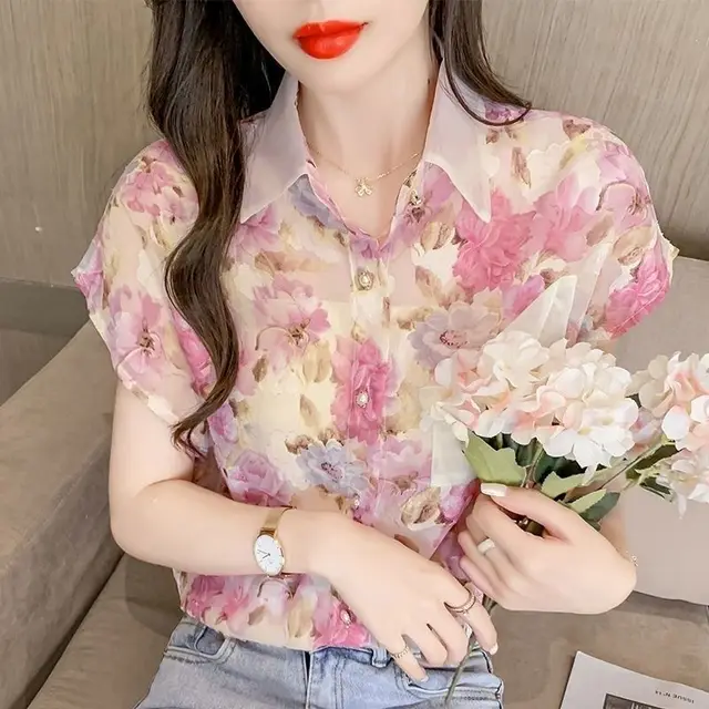 Floral Chiffon Short Sleeve Top Pink - Shop at LoveMi