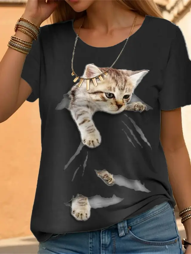 Casual Loose Cat Printing Short sleeved Shirt Black - Shop at LoveMi