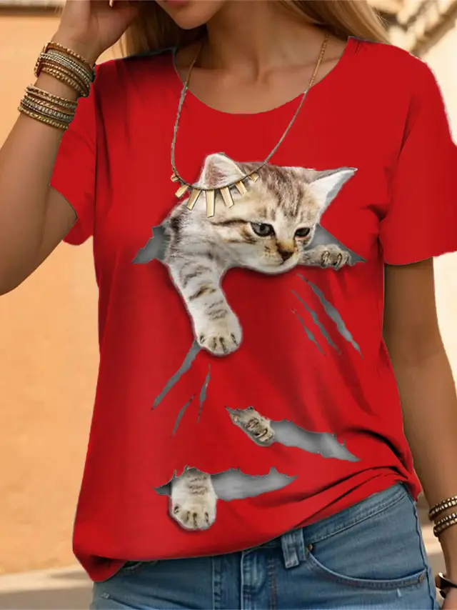 Casual Loose Cat Printing Short sleeved Shirt Red - Shop at LoveMi