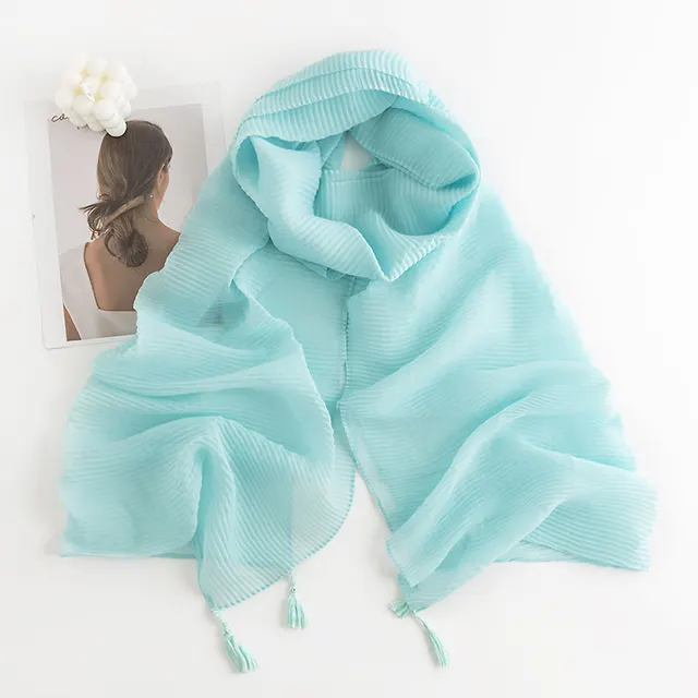 Herringbone Pattern Monochrome Artificial Cashmere Scarf Women's Simple Casual Style Tassel Warm Shawl Fh235323 Wrinkle Light Blue - Shop at LoveMi