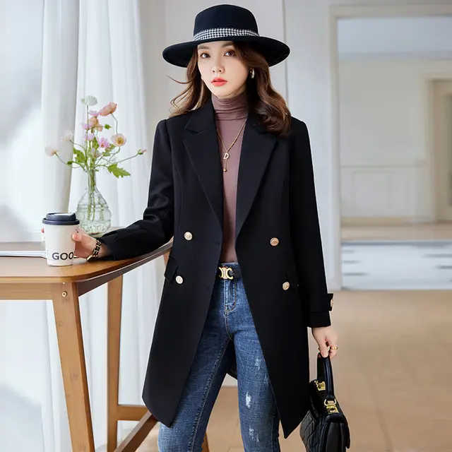 Autumn And Winter New Fashion Mid length Suit Trench Coat Black - Shop at LoveMi