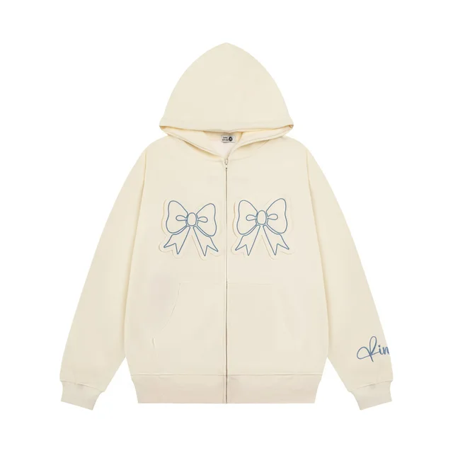 Bow Paste Cloth Embroidery Hooded Cardigan Sweater Apricot - Shop at LoveMi