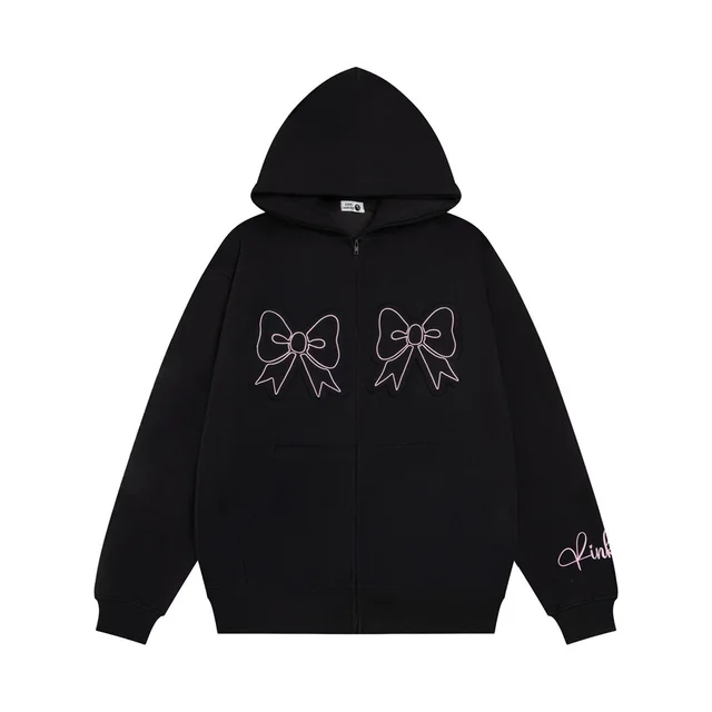Bow Paste Cloth Embroidery Hooded Cardigan Sweater Black - Shop at LoveMi