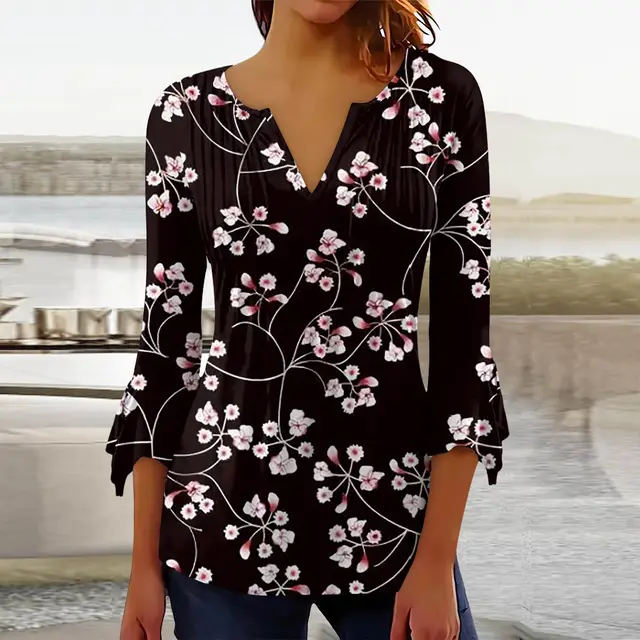 Floral Printed V neck Flared Top A58 - Shop at LoveMi