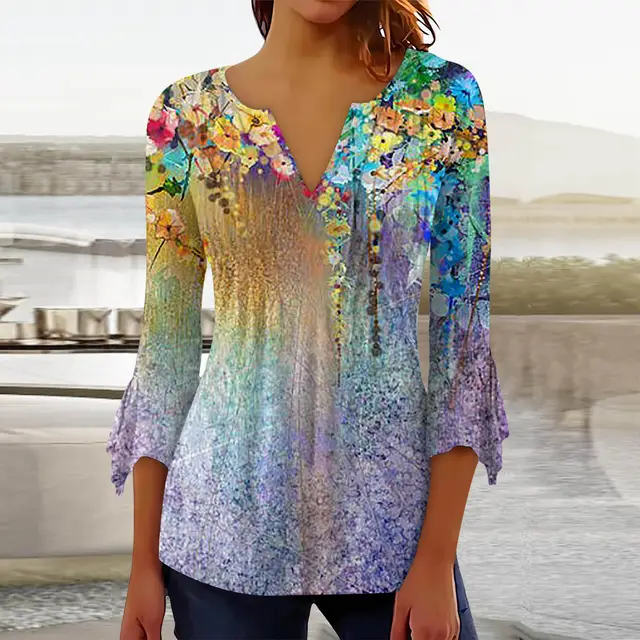 Floral Printed V neck Flared Top A66 - Shop at LoveMi