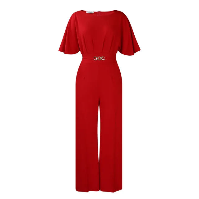Fashion Round Neck Solid Color High Waist Plus Size African Wide Leg Jumpsuit Red - Shop at LoveMi