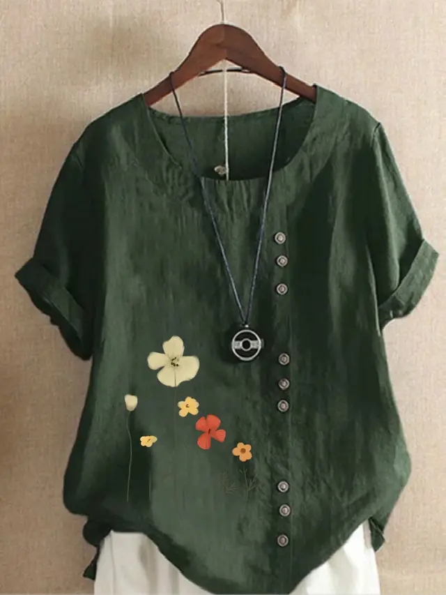 Cotton And Linen Printed Elegant Short Sleeve T shirt Top Women Army Green - Shop at LoveMi