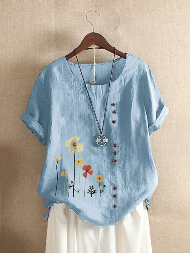 Cotton And Linen Printed Elegant Short Sleeve T shirt Top Women Blue - Shop at LoveMi
