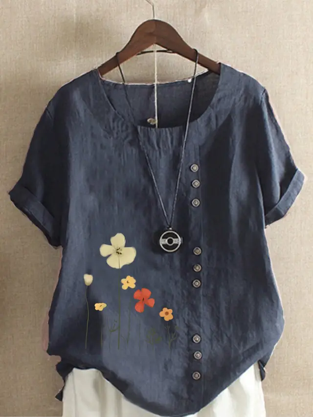 Cotton And Linen Printed Elegant Short Sleeve T shirt Top Women Dark Blue - Shop at LoveMi