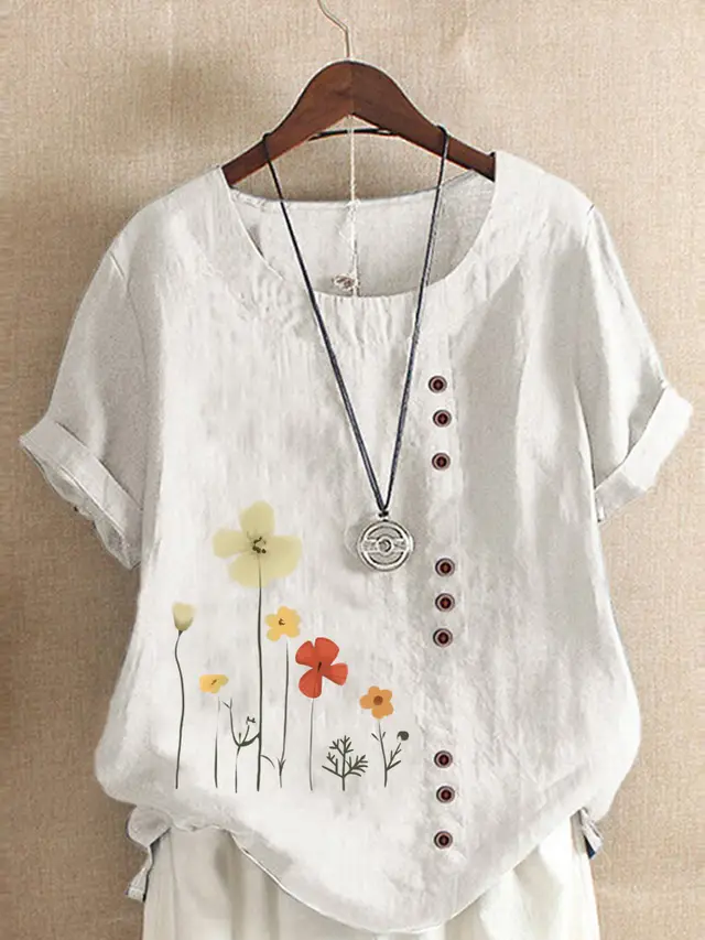 Cotton And Linen Printed Elegant Short Sleeve T shirt Top Women White - Shop at LoveMi