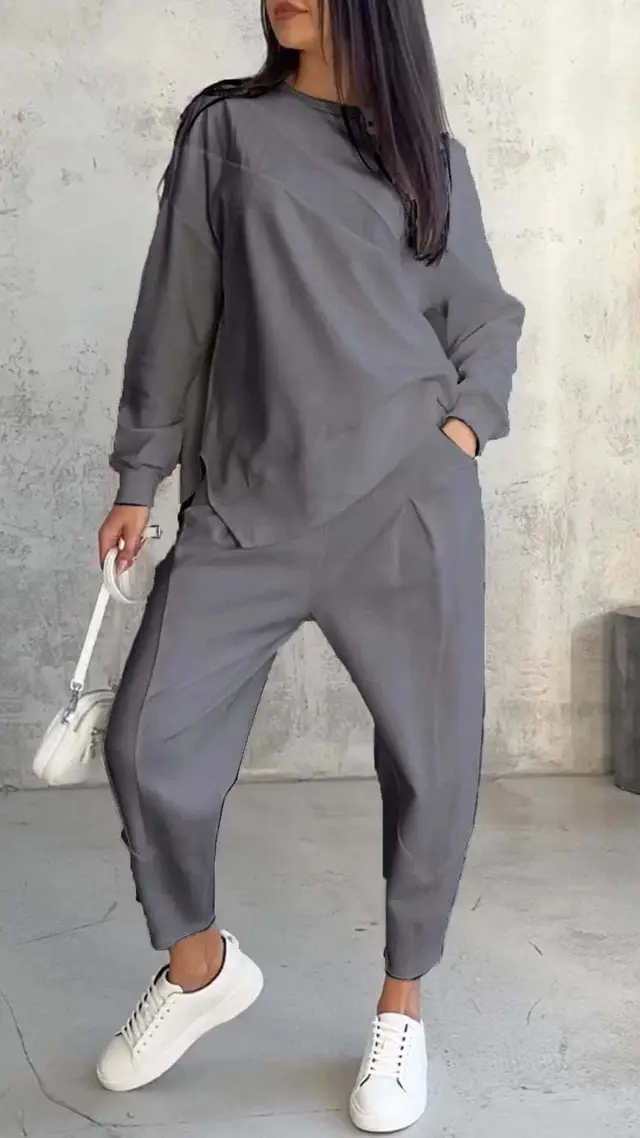 Women's Round Neck Loose And Irregular Long sleeve Sweater Set Gray - Shop at LoveMi