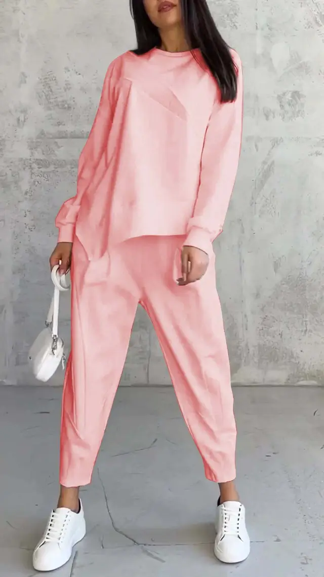 Women's Round Neck Loose And Irregular Long sleeve Sweater Set Pink - Shop at LoveMi