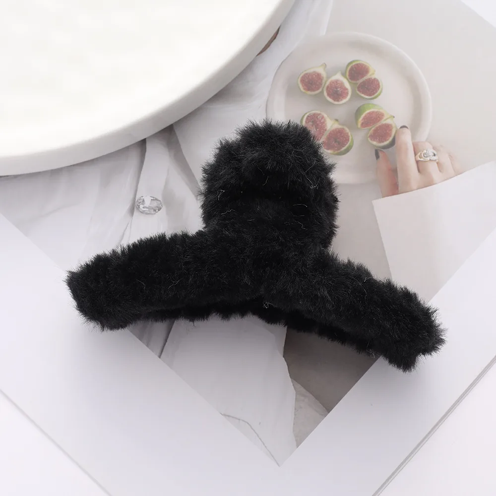 Solid Color Fur Grip Plush Back Head Barrettes Black - Shop at LoveMi