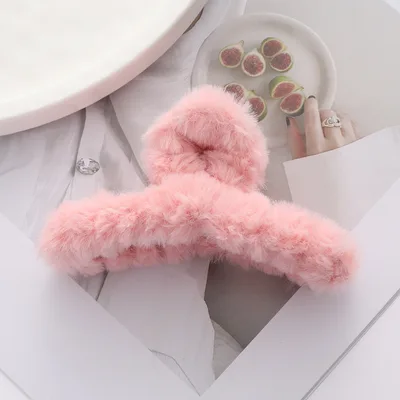 Solid Color Fur Grip Plush Back Head Barrettes Pink - Shop at LoveMi