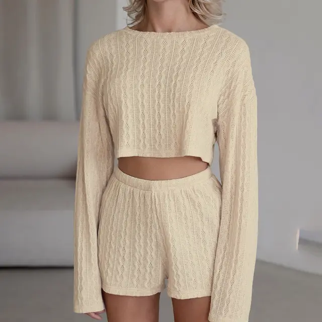Women's Knitted Comfortable Skin friendly Long Sleeve Shorts Suit Apricot - Shop at LoveMi