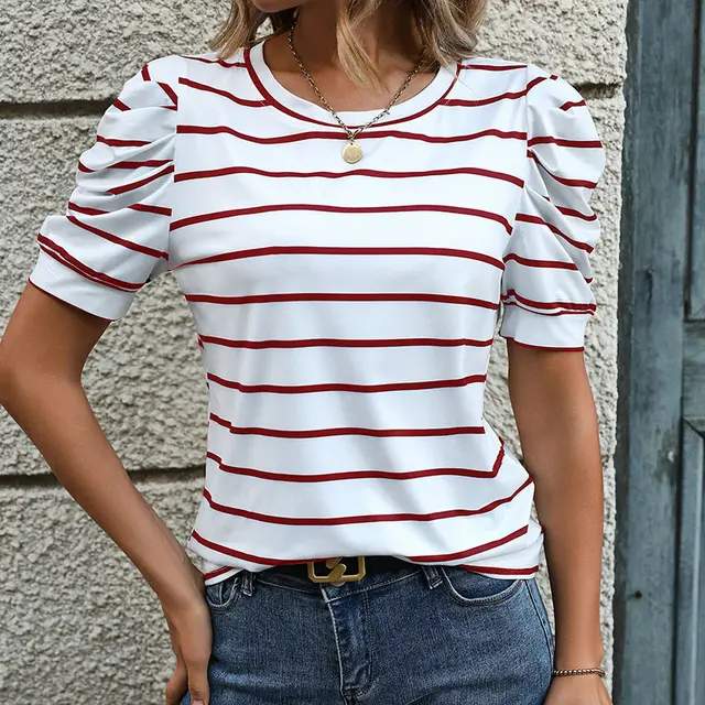 Striped Pullover T shirt Women's Casual Top Red - Shop at LoveMi