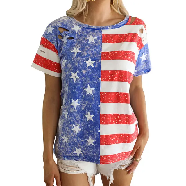Women's Independence Day Printed Loose Round Neck Ripped Hollow Short Sleeve Stripes - Shop at LoveMi