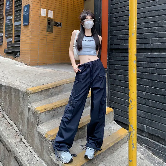 American High Waist Straight Cargo Pants Loose Slimming Wide Leg Drawstring Trousers - Shop at LoveMi