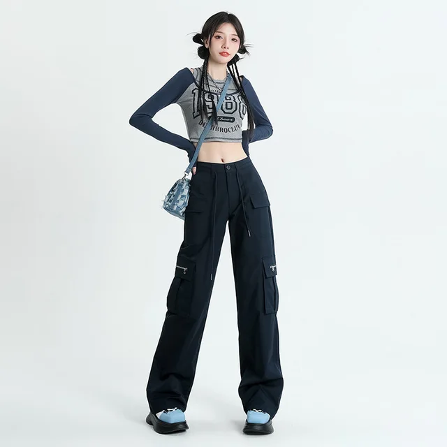 American High Waist Straight Cargo Pants Loose Slimming Wide Leg Navy Blue Trousers - Shop at LoveMi
