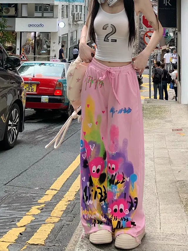 High Waist Drawstring Wide leg Pants Summer High Waist Loose And Slimming Mop Pants Cartoon Pink - Shop at LoveMi