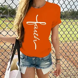 Letter Print Pattern Round Neck Short Sleeve T-shirt - Orange