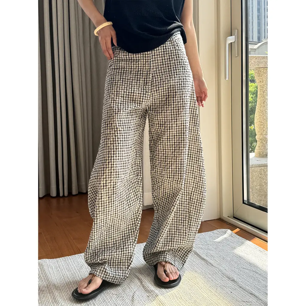 Women's Plaid Linen Curved Wide Leg Leisure Lightweight Breathable Trousers - Black And White Plaid