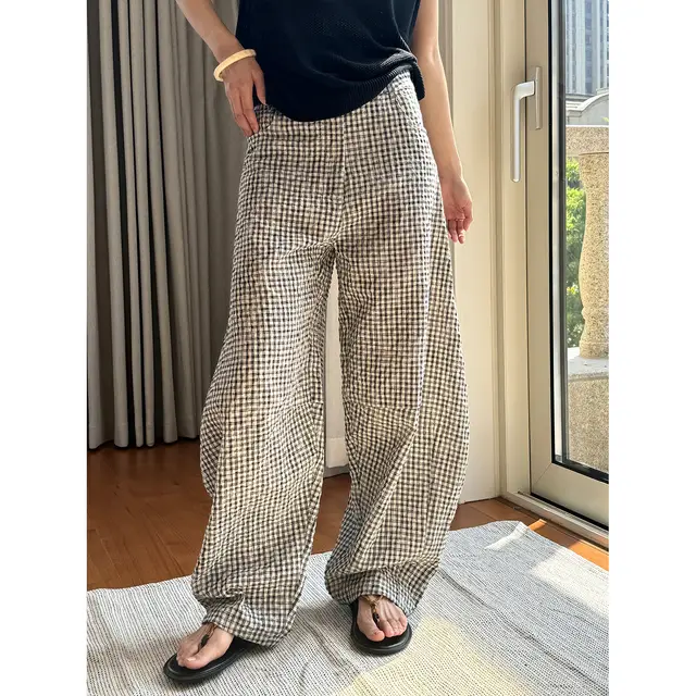 Women's Plaid Linen Curved Wide Leg Leisure Lightweight Breathable Trousers Black And White Plaid - Shop at LoveMi