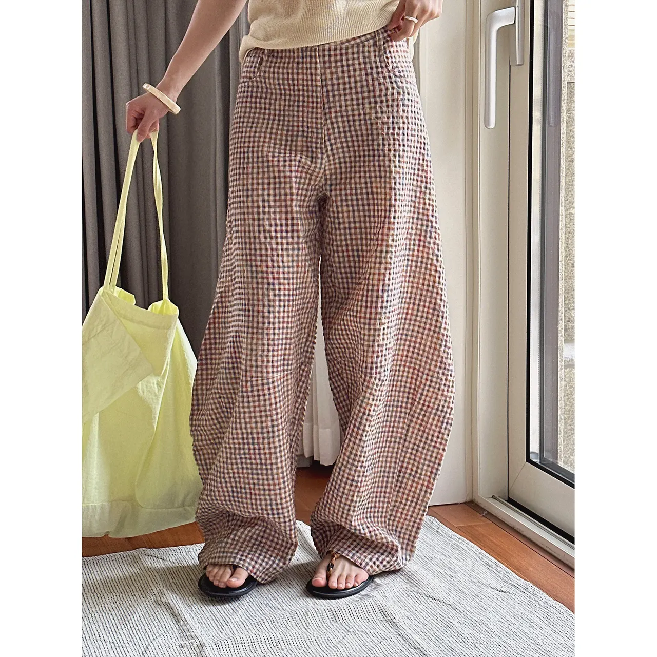 Women's Plaid Linen Curved Wide Leg Leisure Lightweight Breathable Trousers - Color Grid