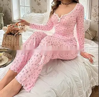 Small Floral Print Lettuce Edge Lace Collar Button Pajamas Suit - Lotus Root Color - View 1