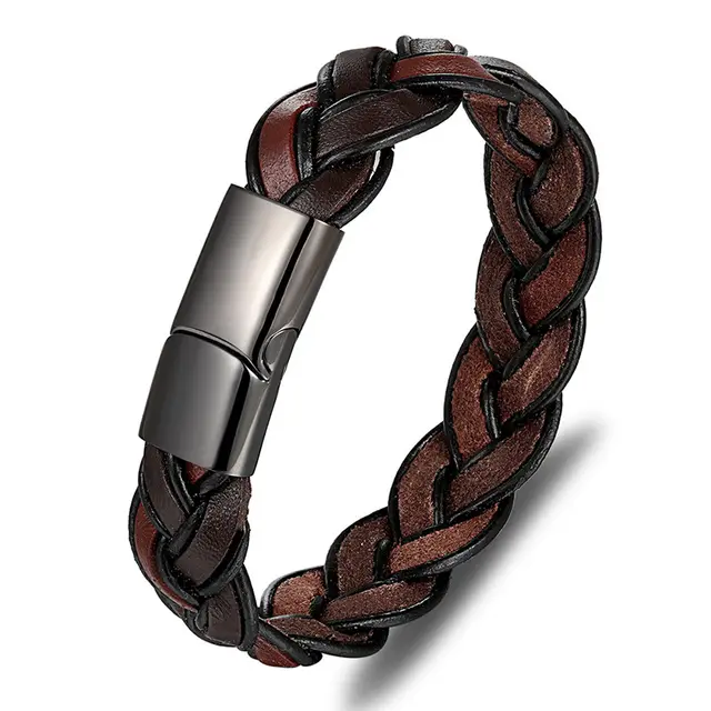 Men's Fashion Stainless Steel Leather Bracelet Brown 19Cm - Shop at LoveMi