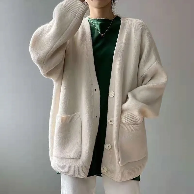 Korean Preppy Style Solid Color Sweater Women's Coat Spring And Autumn New Loose Knitted Cardigan Apricot - Shop at LoveMi