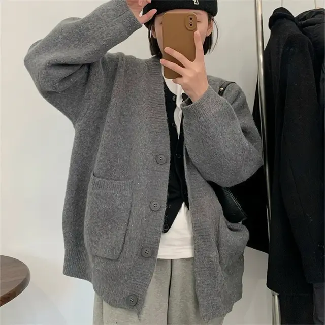 Korean Preppy Style Solid Color Sweater Women's Coat Spring And Autumn New Loose Knitted Cardigan Gray - Shop at LoveMi
