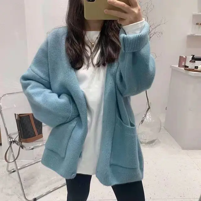 Korean Preppy Style Solid Color Sweater Women's Coat Spring And Autumn New Loose Knitted Cardigan Light Blue - Shop at LoveMi